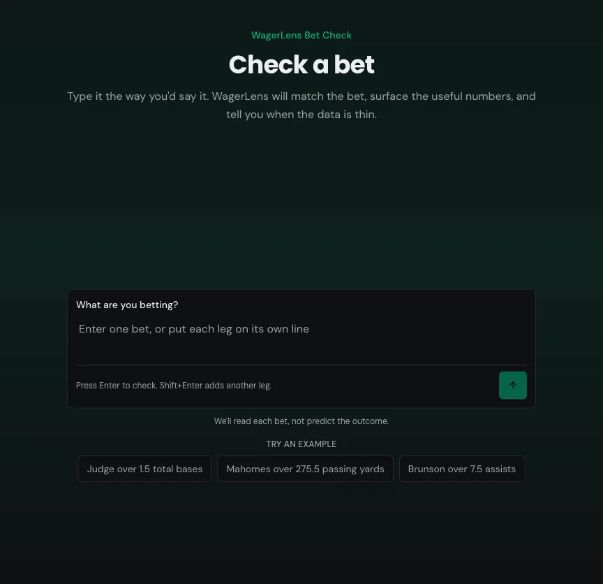 The Bet Check composer with the What are you betting? label, a plain-text input, keyboard hint, and no-prediction caption